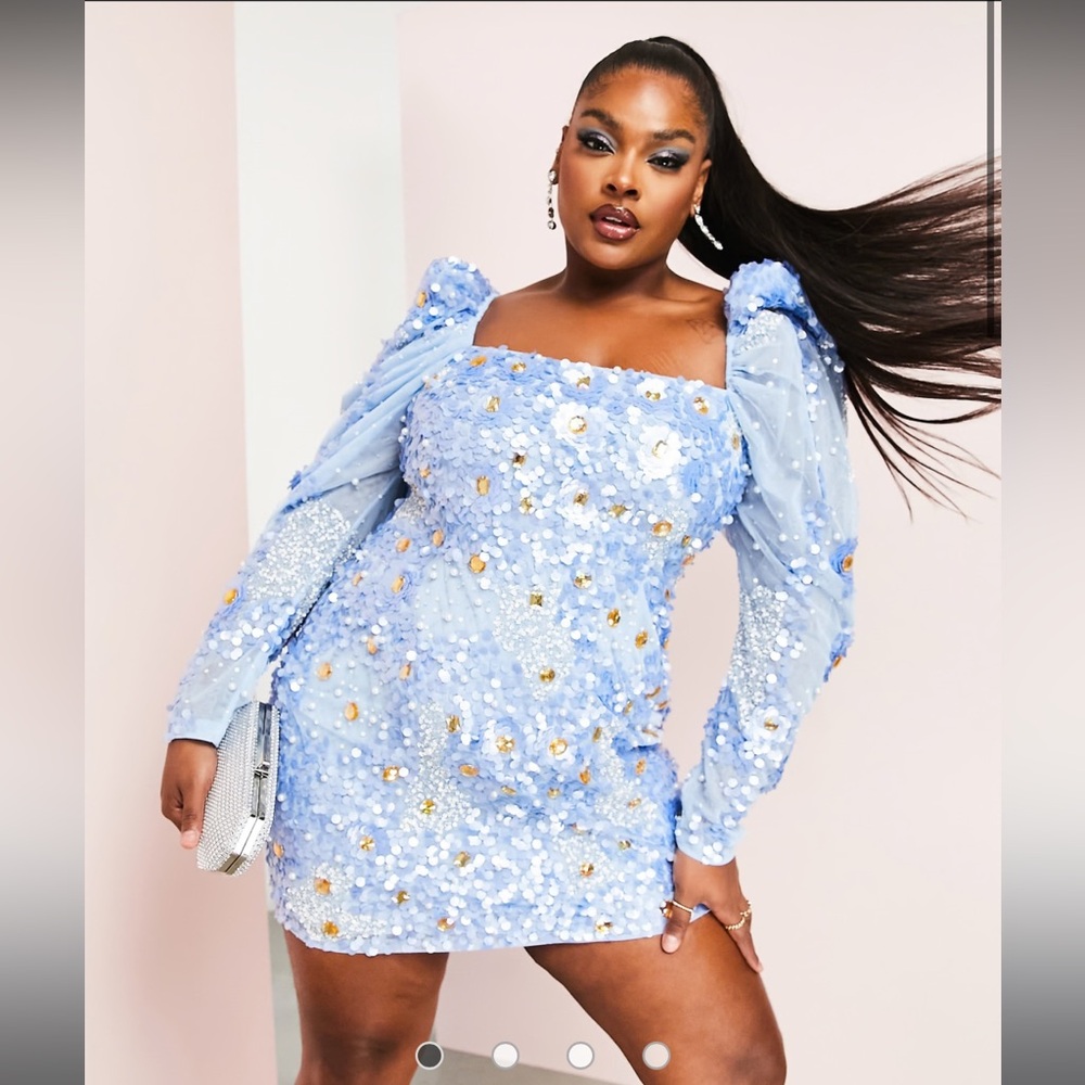 Asos Luxe - Blue Sequin Daisy Dress with Blue, Gold, and Pearl Accents